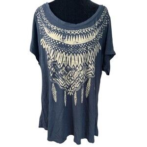 Lucky Brand T Shirt Vtg Style‎ Womens SZ 2X Black Boho Short Sleeve Batik Tribal